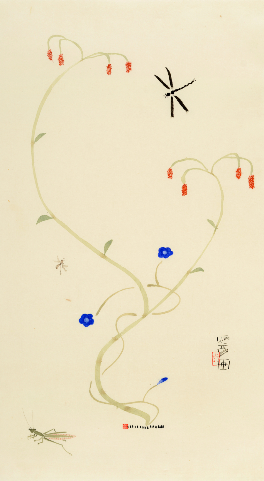 Insects and Plants, after Shin Saimdang, 2016, ink_and_light_color_on_paper, 73x40cm — Jang Byeong Eun (Eastbrush, 張炳彥), stage_3_interpreted_painting, after:Cho-chung-do, process_chain_id:SSR2016