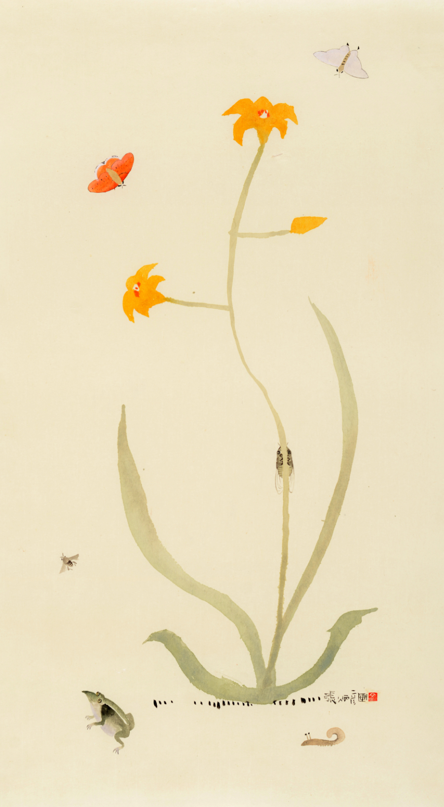 Insects and Plants, after Shin Saimdang, 2016, ink_and_light_color_on_paper, 73x40cm — Jang Byeong Eun (Eastbrush, 張炳彥), stage_3_interpreted_painting, after:Cho-chung-do, process_chain_id:SSR2016