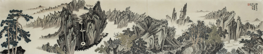 Edited_Landscape–Geumgangsan, 2016, final_painting, ink_and_light_color_on_paper, 50x248cm — Jang Byeong Eun (Eastbrush, 張炳彥), split_composition_requirement, chapter_05