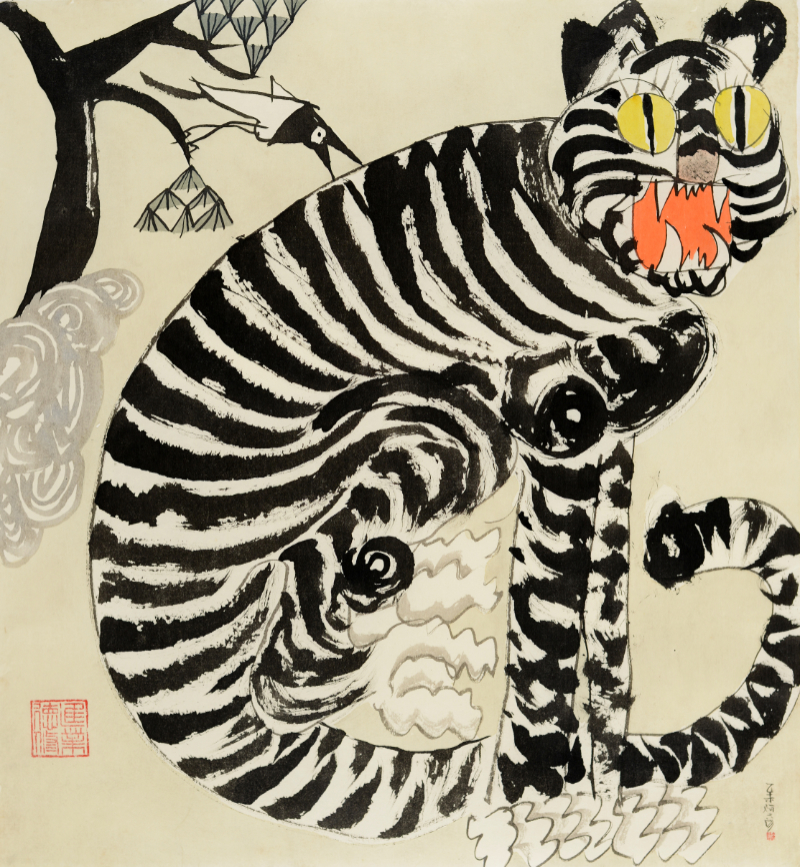Tiger and Magpie, undated, unsorted_state, ink_and_light_color_on_paper, 73.5x67cm — 장병언/Jang Byeong Eun/張炳彥/Eastbrush, chapter_07
